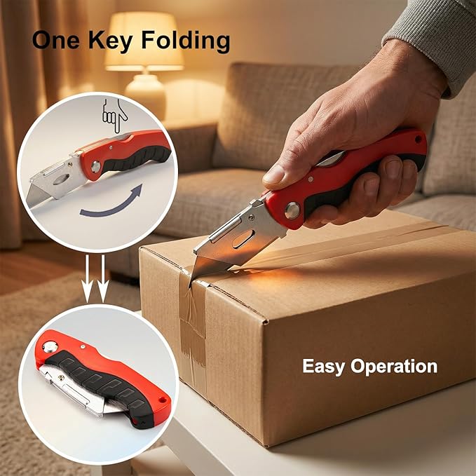Box Cutter with 10 Extra Blades, Heavy Duty Folding Utility Knife for Cardboard, Carton, Carpet Cutting, Anti-slip Rubber & ABS Handle, Quick Replace Blade