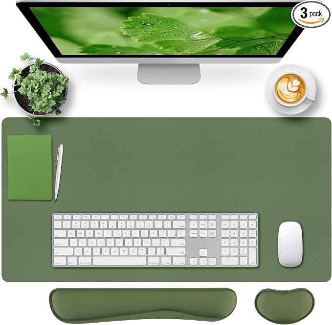 Bloss Keyboard Wrist Rest + Mouse Wrist Rest + Leather Desk Mat, Non-Slip Desk Mat Protector for Office, Home(31.5×15.7 Inches,Olive Green)