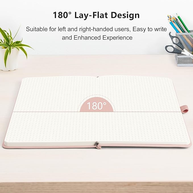 RETTACY Dotted Journal Notebook, 192 Pages, A5 Medium Size (5.7'' x 8.3''), Leather Hardcover, 100 GSM Thick Paper, for Journaling, Planning, Tracking (Rose Gold)