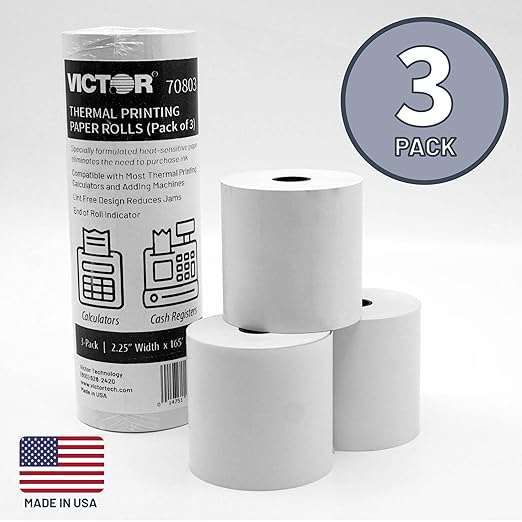 Victor Thermal Paper Roll For Printing Calculators & Cash Registers, 3 Pack, 165 ft (70803)