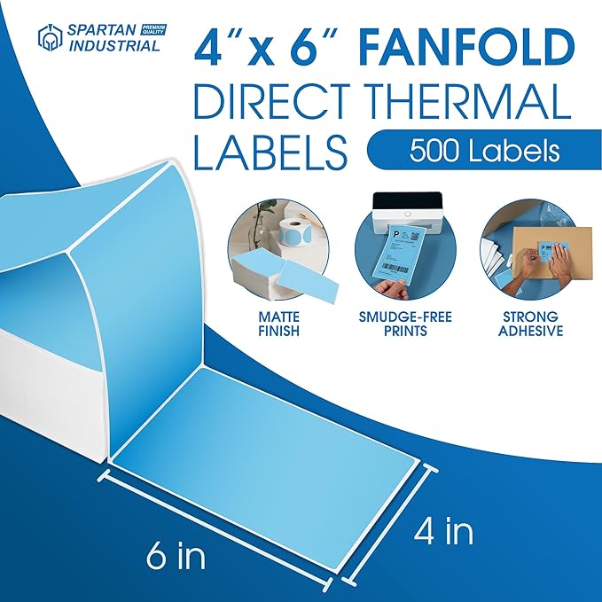 Spartan Industrial - 4" X 6" Blue Direct Thermal Fanfold Labels (500 Count, 1 Stack) - Printable Postage Shipping Labels, Package Identification - Compatible with Zebra and Rollo Printers