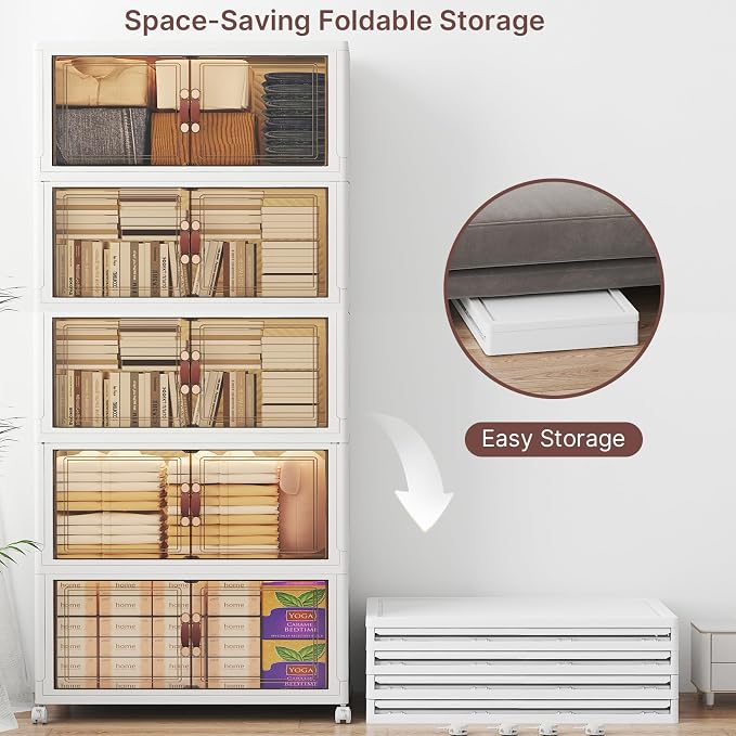 Stackable Storage Bins with Lids, 600QT Lockable Storage Cabinet | Folding Storage Box with Doors and Wheels, Collapsible Plastic Drawers for Home, Garage, Office