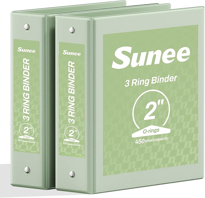 SUNEE 3 Ring Binder 2 Inch 2 Pack, Clear View Three Ring PVC-Free (Fit 8.5x11 Inches) for School or Office Supplies, Sage Green