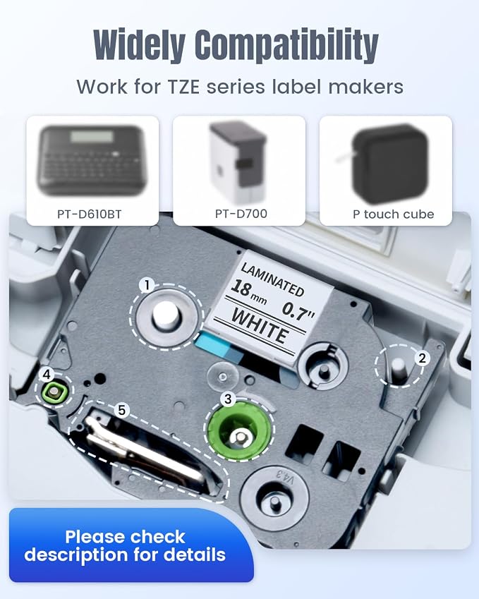 Tz Tape 18mm 0.7 Laminated White Compatible with TZe-241 TZe Ptouch | Black on White Compatible with Brother P-Touch Label Maker Refills PTD400 PTD600, 3/4 Inch x 26.2 feet, 4 Pack