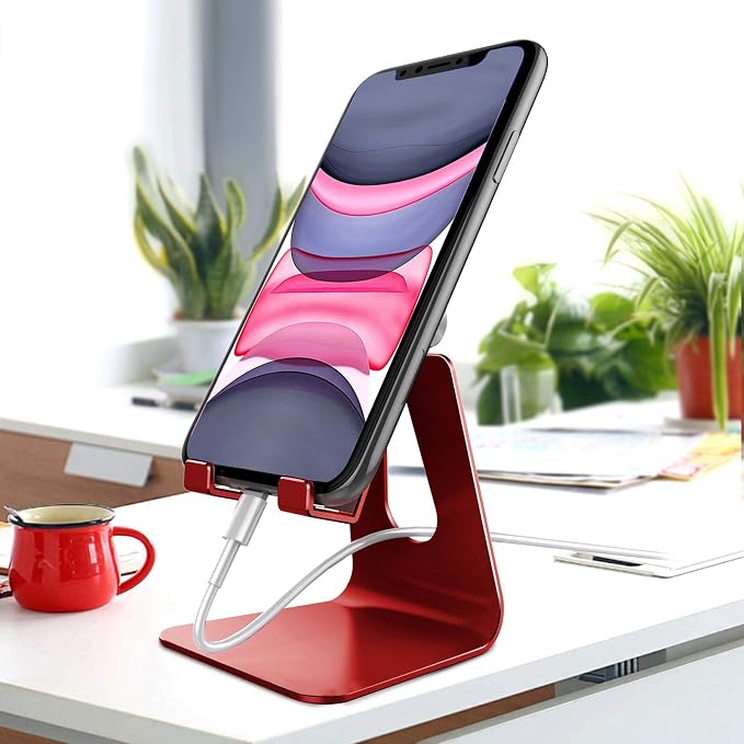 CreaDream Aluminum Cell Phone Stand, Adjustable Phone Holder for Desk | Adjustable Viewing Angle, Desktop Stand, Stable Base, Fits iPhone 17 16 15 14 13 Pro Max Desk Accessories, Red