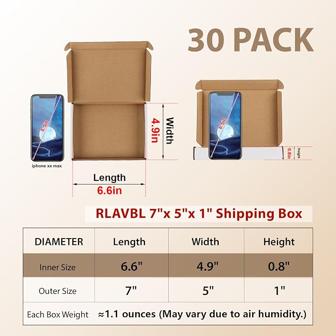 RLAVBL 7x5x1 Shipping Boxes Set of 30, White Corrugated Cardboard Mailer Box for Packing Mailing Small Business