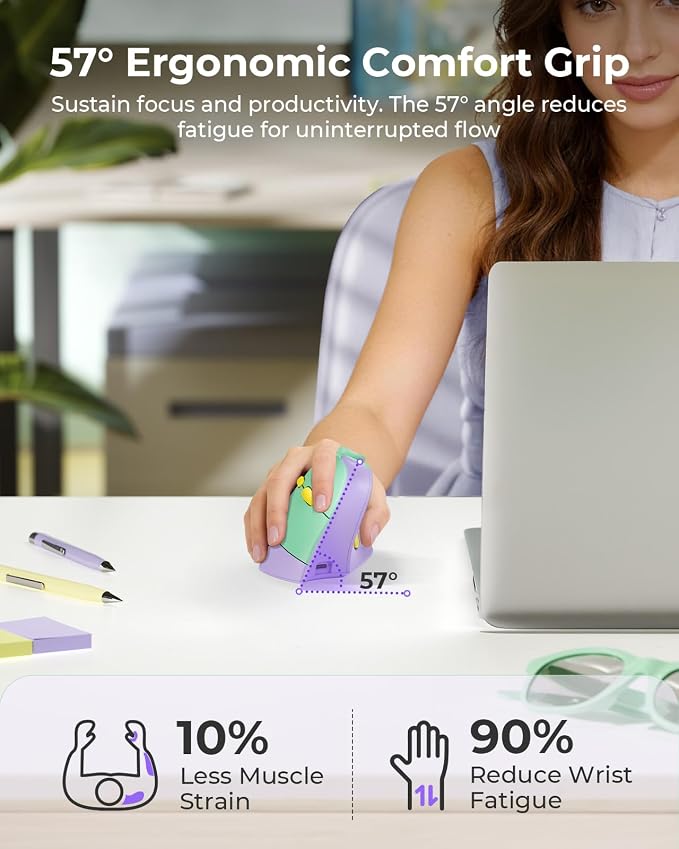 seenda MOU-302 Wireless Bluetooth Ergonomic Vertical Mouse with Volume Knob | Rechargeable 3-device mice for small/medium hands with quiet clicks, 1000/1600/2400 DPI for PC, laptop, MacBook, Green Purple