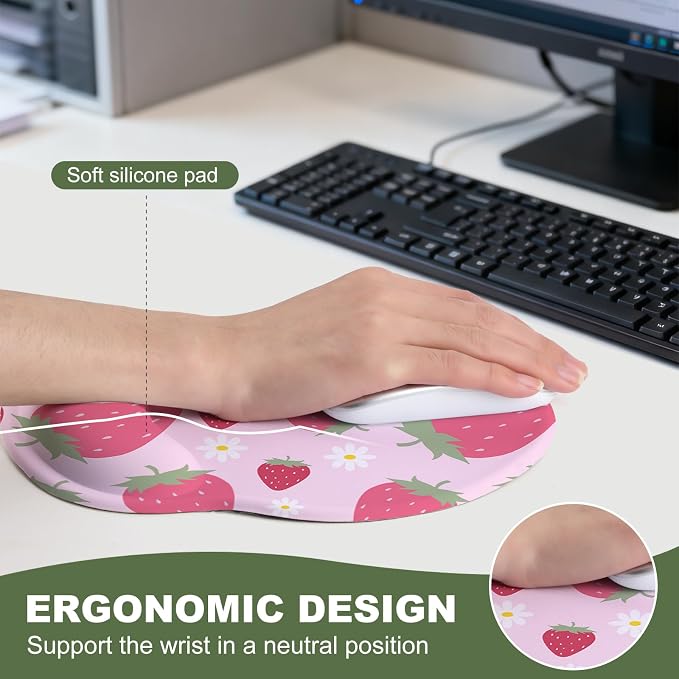 Cute Strawberry Mouse Pad with Gel Wrist Support, Smooth Surface Ergonomic Mouse pad, Non-Slip Pain Relief Desk Mat for Gaming, Work & Office Desktop