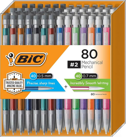 BIC Mechanical Pencils #2 XtraSmooth, 0.7mm Medium Point, Pack of 80 | Various Color Bright Edition Barrels, Bulk School Supplies for Teachers and Classrooms, 80-Count Pack
