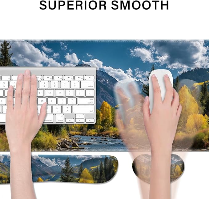 Desk Pad and Keyboard Wrist Rest, Large Mouse Pad + Keyboard Pad+Mouse Wrist Support, Non-Slip Desk Mat Protector for Office, Home 31.5×11.8 Inches Fall Forest