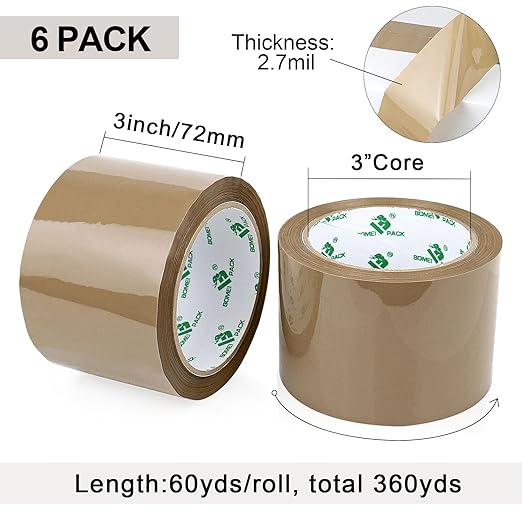 BOMEI PACK Brown Packing Tape 3 inch Wide, Heavy Duty Brown Packing Tape Refills for Moving Boxes, Shipping and Storage, 2.7 Mil x 60 Yards