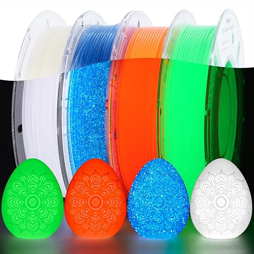 AMOLEN Glow in The Dark 3D Printer PLA Filament Christmas Bundle, Glow Filament Shiny Firefly Blue, Orange, Green and White, 1.75mm PLA Filament, Dimensional Accuracy +/- 0.02 mm, 200g X 4 Pack