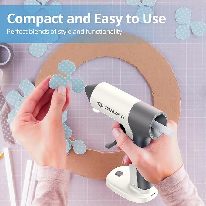 Tilswall Cordless Glue Gun, 4V Fast Preheating Hot Glue Gun with 20pcs Premius Glue Sticks(20x140mm), 2000mAh Type-c Rechargeable, Suitable for DIY Craft, Home Repaire – White