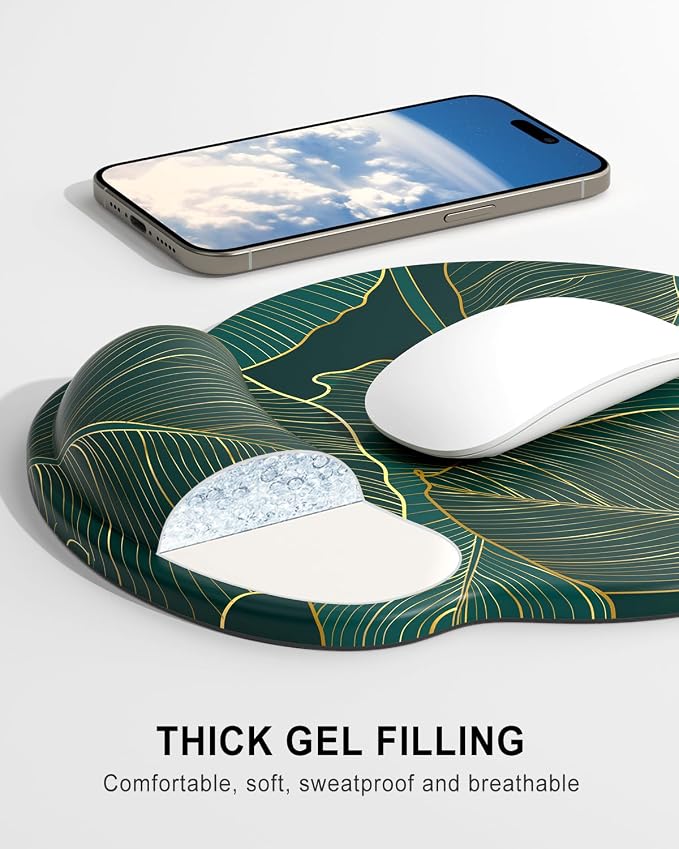Auhoahsil Ergonomic Mouse Pad with Wrist Rest, Comfortable Silicone Non-Slip Computer Pain Relief Gel Mouse Mat with Wrist Support for Gaming, Work, Office, Women & Men, Cute Pattern, Monstera Leaves
