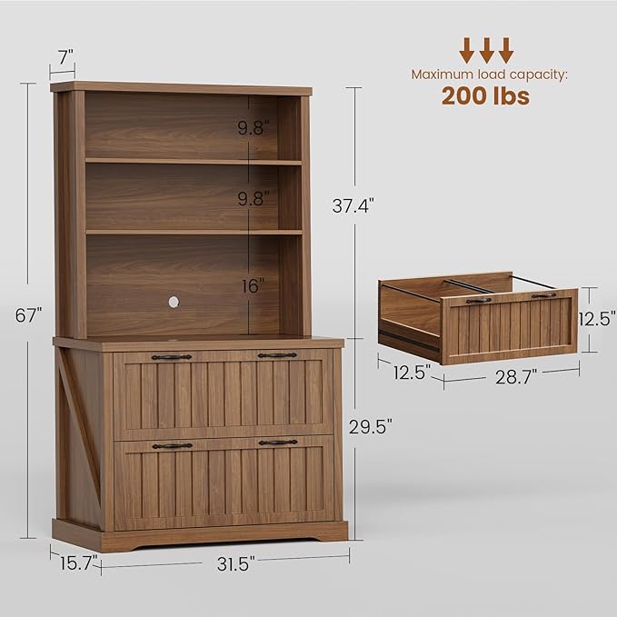 SEDETA Farmhouse File Cabinet with 2 Drawers, Filing Cabinet for Home Office with Storage Shelves, Tall Office File Cabinets for Letter/Legal/A4 Size, Lateral File Cabinets with Printer Stand, Brown