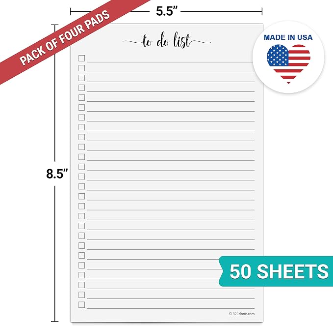 321Done To Do List Notepad, 5.5x8.5, 4-Pack, 50 Sheets Each, College Ruled | Made in USA - Simple Tear-Off Daily Checklist Pad for Desk Organization, Tasks, Errands and Shopping, Thick White Paper
