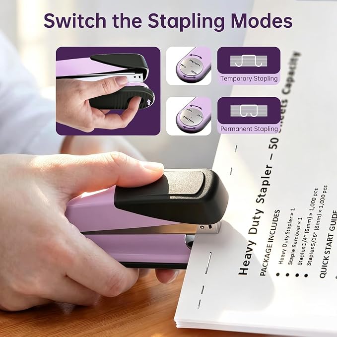 Metal Stapler Heavy Duty for Desk - 50 Sheet Capacity with 2000 Pieces 1/4", 5/16" Staples and Staple Remover, No Jam, Non-Slip, Stapler Heavy Duty for Classroom and Office, Pink