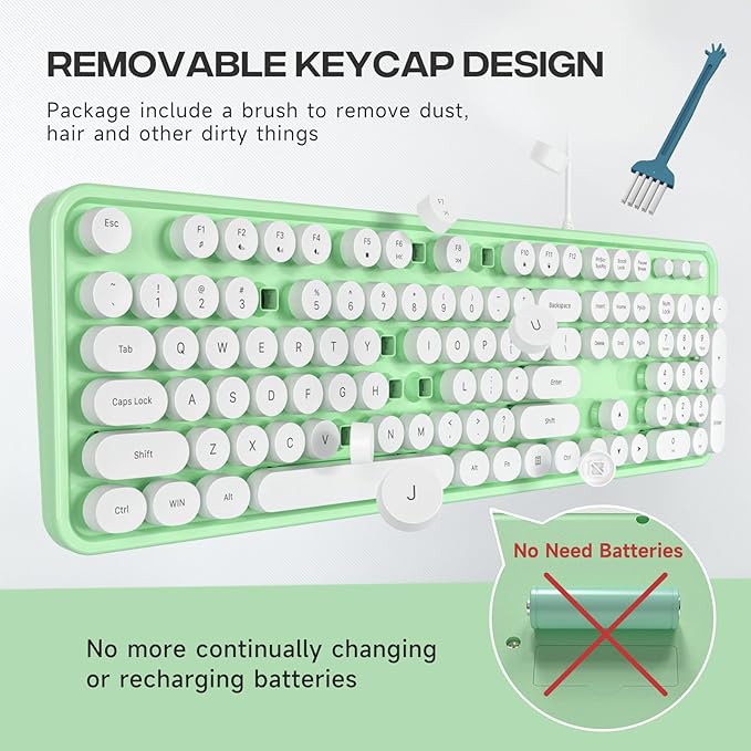 Computer Keyboard Wired, Plug and Play USB Retro Round Typewriter Keyboard, Full Size Wired Keyboard with Foldable Stands for Laptop and Office PC