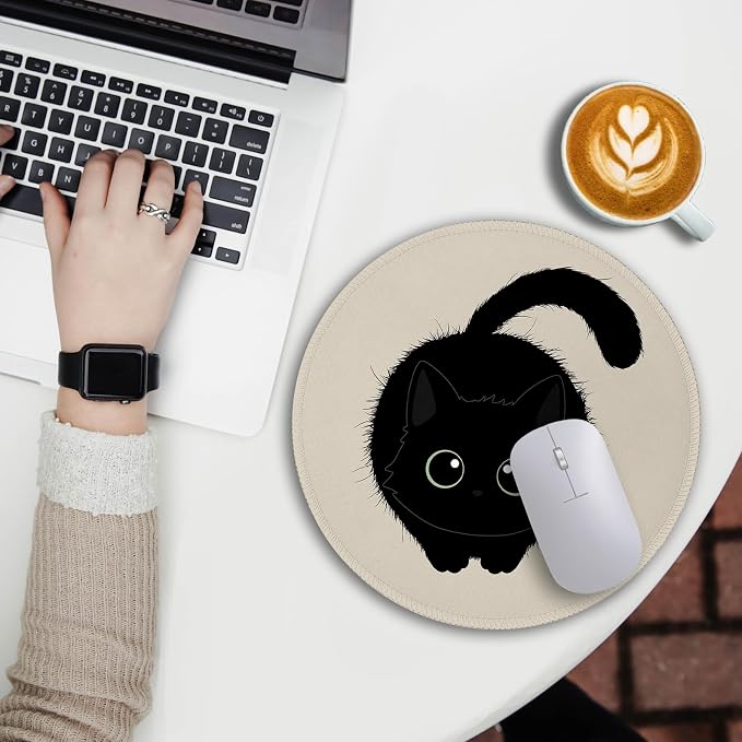 Immaturus Black Cat Mouse Pad, Cute Small Mousepad for Desk Gaming Office | 8.6" x 8.6", Mini Travel, Home Decor Desk Accessories, Non-Slip Base, for Wireless Mouse Laptop Computer Work, Girl Cat Lover