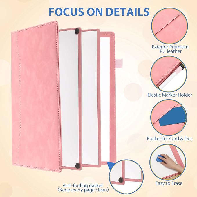 Feifeiya 6 Sides Dry Erase Notebook, Pink, A4 9" X 12" | Portable Reusable Whiteboard Notepad 6 Side Foldable Dry Erase White Board for Planner Office Study Business Meeting Supplies