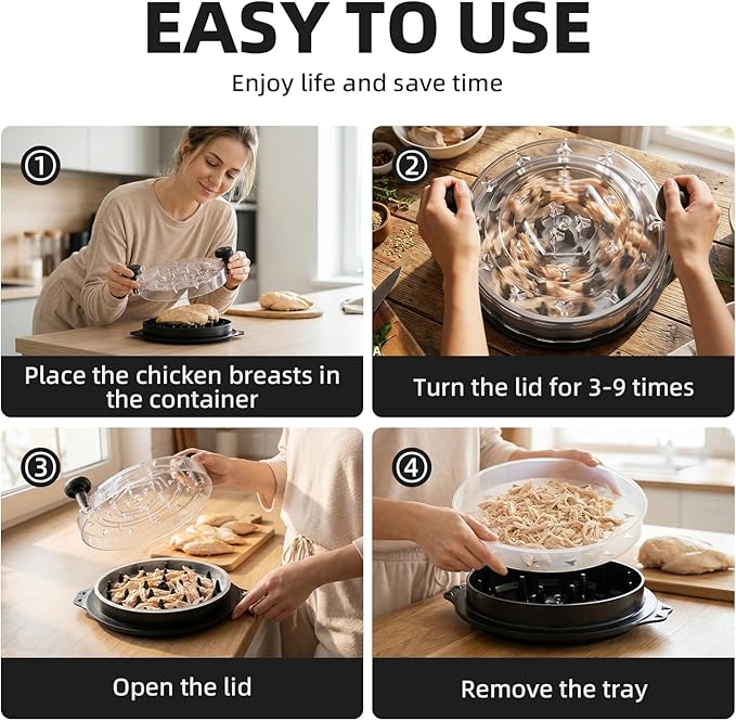 10'' Pro Visible Chichen Shredder Tool Twist Large, BPA Free Handheld Meat Shredder with Removable Middle Tray, Anti-Slip Silicone Strip Shredder for Chicken Beef Breast Pork (Black)