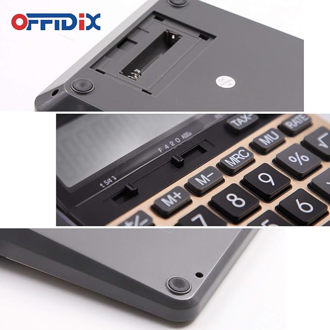 OFFIDIX Big Number Office Calculator with Large LCD Display, Dual Power ﻿ ﻿ | Ultra-Clear 12-Digit Display with Solar/Battery, Big number reading with large LCD screen. Solar-powered for daily
