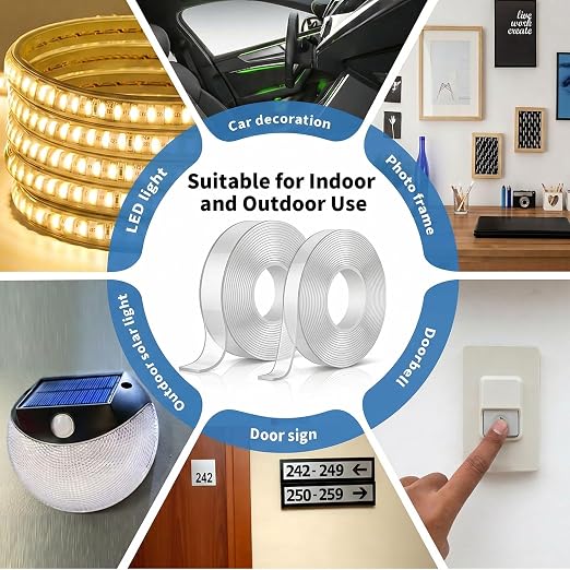 KUSUFEFI Double Sided Adhesive tape Heavy Duty, Double Stick Mounting (2 Rolls, Total 20FT), Clear Two Sided Wall tape Strips, Removable Poster tape for Home, Office, Car, Outdoor Use