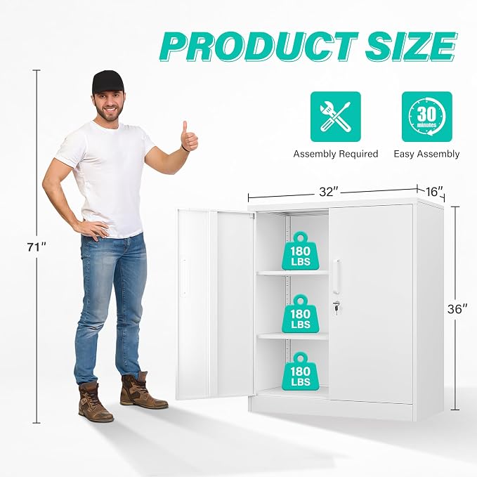 White Metal Storage Cabinet with Doors and Shelves,36 inch Small Metal Cabinet with Lock,Short Garage Storage Cabinets,Locking Steel Cupboard for Home,Office,Kitchen,Garages