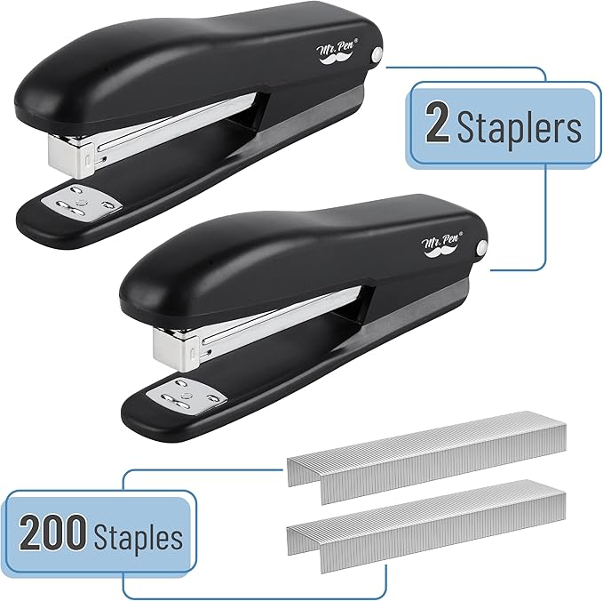 Mr. Pen- Staplers for Desk, 2 Pack with 200 Staples, 20 Sheet Capacity, Black, Office Stapler Set, Desk Stapler with Staples