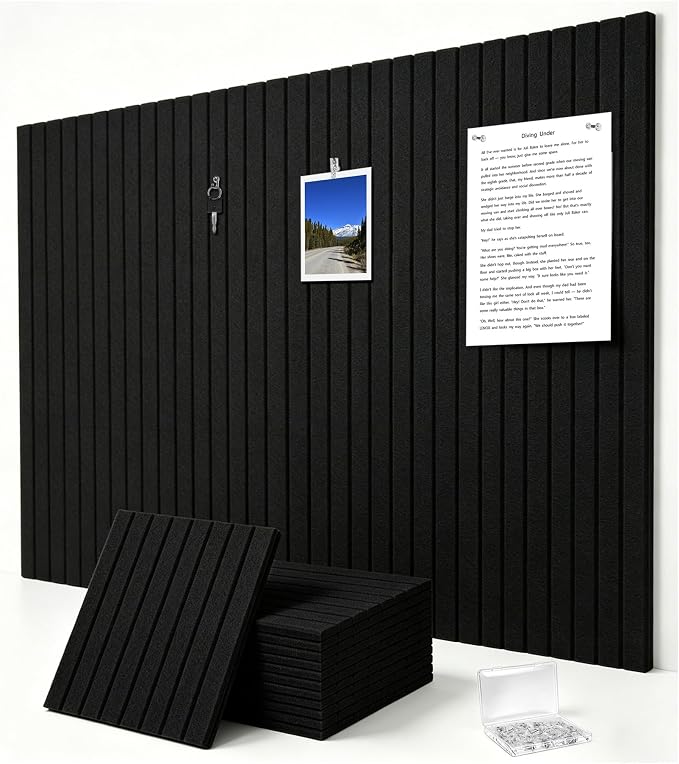 0.47" Thick Felt Pin Board 48"x36" Large Cork Board Alternative 12 Pack 11.81"x11.81"Felt Bulletin Board Wall Tiles Notice Board with 60 Pushpins for Home Office School(Fine-Black)