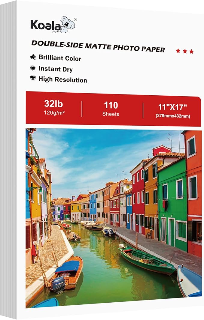 Koala Thin Presentation Paper Double-Sided Matte for Printing Photo 11X17 Inches 110 Sheets 32LB Compatible with Inkjet Printer