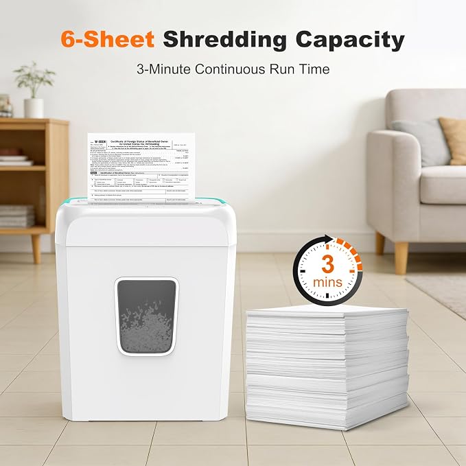 Bonsaii 6-Sheet Cross Cut Paper Shredder for Home, 3.4 Gal Bin | P-4 Security Level, Shreds Credit Cards, Staples & Paper Clips, with Portable Handle, Small Shredder for Home
