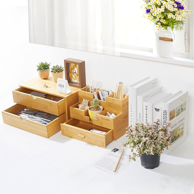 Bamboo Desk Organizer With Drawers Countertop Drawers Counter Storage Box Corner Desk Organizer for Home Office No Assembly Required (2 Drawers)