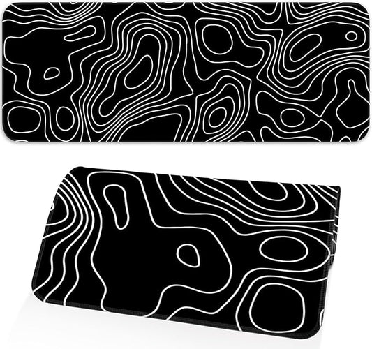 Gaming Mouse Pad, Non-Slip Rubber Base, Stitched Edge Mouse Pad for Office, Home, Black Terrain Line, Extra Large 31.5x11.8 Inch