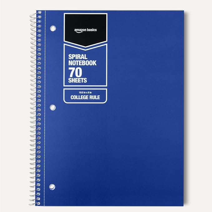 Amazon Basics College Ruled Spiral Notebooks, 70 Sheets, 8" x 10.5", Perforated Pages, Assorted Primary Solid Colors, 3-Pack