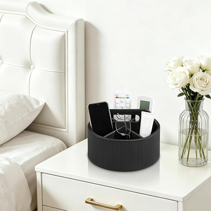 Round Desk Organizer Caddy Caddy Organizer Remote Control Holder | 6 Compartments, Portable Handle, Soft Lining, Aesthetic Stripes, Waterproof And Stain-Resistant