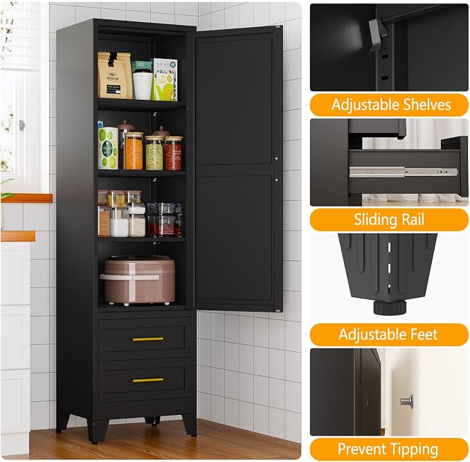 Ckzbx Tall Narrow Storage Cabinet, 66.93" H Tall Bathroom Cabinet Metal Pantry Cabinets with Drawers, 3 Adjustable Shelves, for Kitchen, Bathroom, Home Office, Living Room