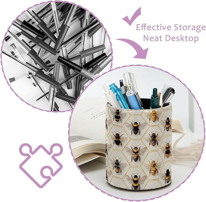 Leather Pen Holder for Desk, Honeycomb Bees Pencil Cup Pen Organizer Makeup Brush Holder for Office Home Kids Countertop Desk Accessory Storage