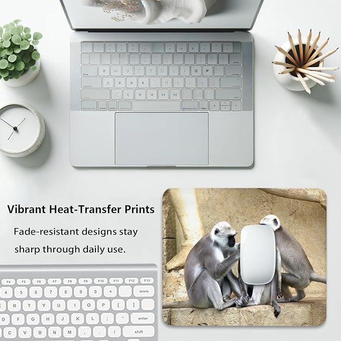 Gray Langur Monkeys Grooming Wildlife Primate Mouse Pad, Nature Desk Mat | Cute Stitched Mousepad, Anti-Slip Base Smooth Surface, 9.5 x 7.9 Inches