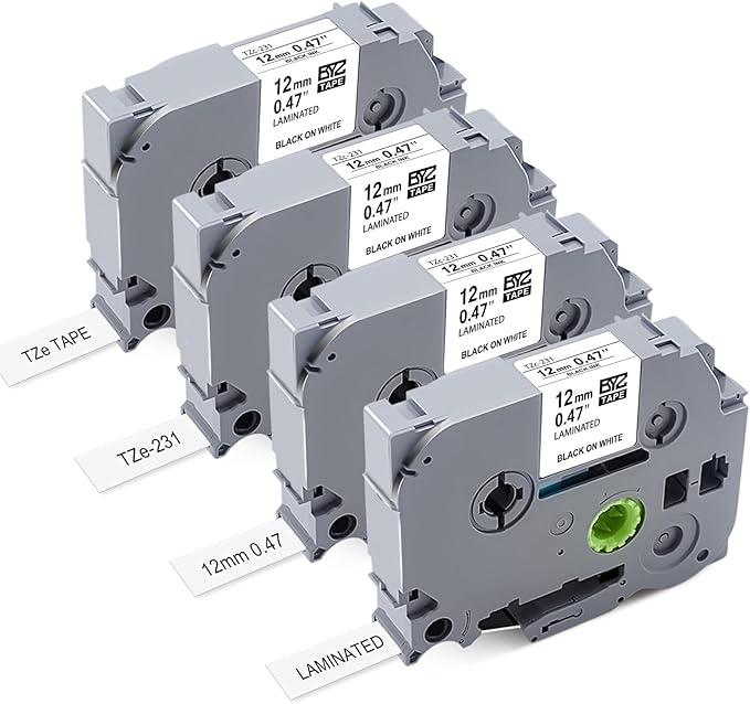 TZE-231 Compatible for Brother P Touch Tze Tz Black on White 12mm 0.47 Tape P Touch Label Maker Black on White Tape for Brother PT-D200 PT-D210 PTH100 PT-D400, 0.47" x 26.2'(12mm x 8m), 4 Packs