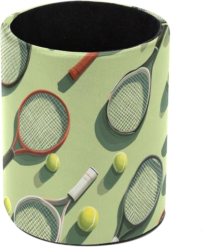Leather Pen Holder for Desk, Tennis Balls Racket Painted Pencil Cup Pen Organizer Makeup Brush Holder for Office Home Kids Countertop Desk Accessory Storage