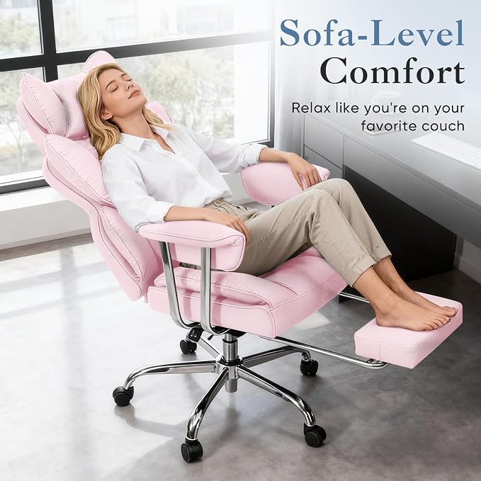 DUMOS Big and Tall Home Office Desk Chair, Executive Chair with Footrest | Scratch-Resistant PU Leather, Ergonomic Reclining, Pocket Spring Support, 400 LBS Weight Capacity, Pink
