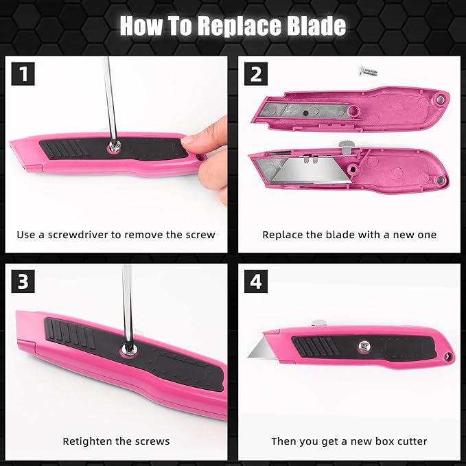 DIYSELF 2 Pack Box Cutter Retractable Heavy Duty Utility Knife, Ergonomic Razor Knife for Warehouse, Office, Exacto Knives Box Opener for Package, Cardboard (Pink)