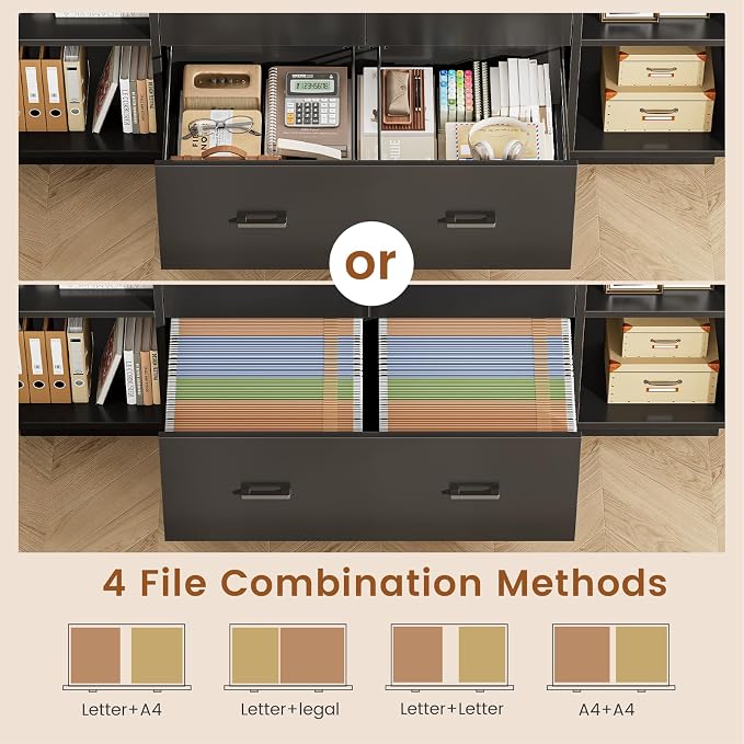 SEDETA 55" File Cabinet with Lock, Large 3 Drawers Filing Cabinets for Home Office, Lockable Printer Stand with Storage, Power Strip, LED Light & Pegboard, Black