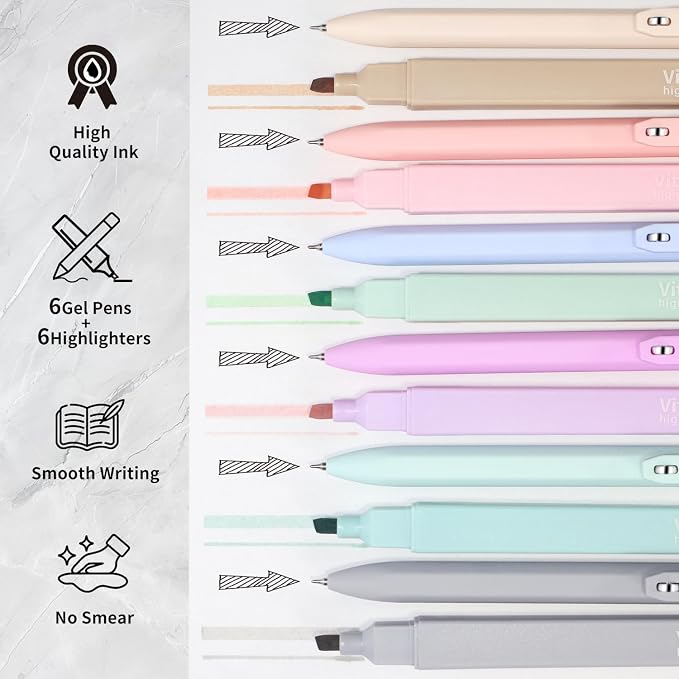 Aesthetic Highlighters and Black Ink Pens Set,Smooth Writing,Quick-Drying | 6pcs Chisel Tip Highlighters & 6pcs 0.5mm Fine Point Gel Pens for Women Nurse Bible Study,School and Office Supplies