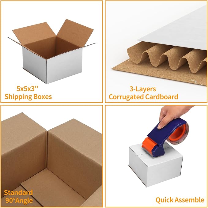 5x5x3 Shipping Boxes Set of 30, White Corrugated Cardboard Box for Mailing Business Packaging