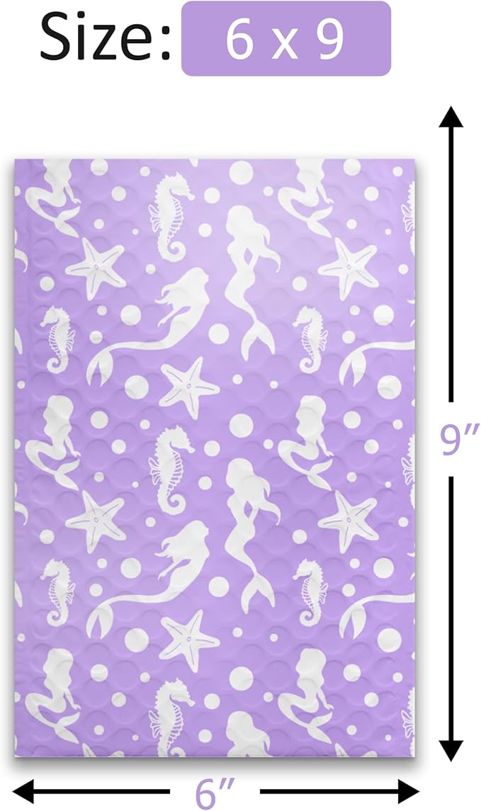 Pro Supply Global Purple Mermaids Self-Seal Bubble Mailers Padded - 6"x9" (20 Pieces) - A Colorful Shipping Envelopes Bags for Small Items Packaging, Mailing, Gifts, Documents, Crafts and Accessories.