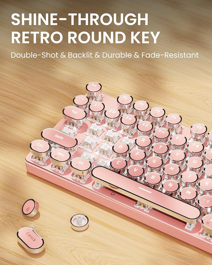 EWEADN Wired Typewriter Mechanical Keyboard, Low Noise White Switch Retro Punk Keyboard with Media Knob, White Backlit, Metal Panel, 104-Key Round Keycaps Cute Keyboard for Windows PC - Pink