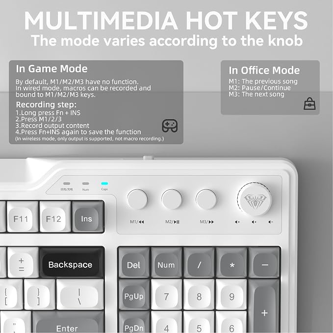 Aula F3099 Wireless Keyboard with Media Knob, Tri-Mode BT5.0/2.4GHz/USB-C Cute Creamy Keyboard with Number Pad, RGB Backlit Gaming Keyboard, Quiet Typing Computer Keyboards for Office Laptop/PC
