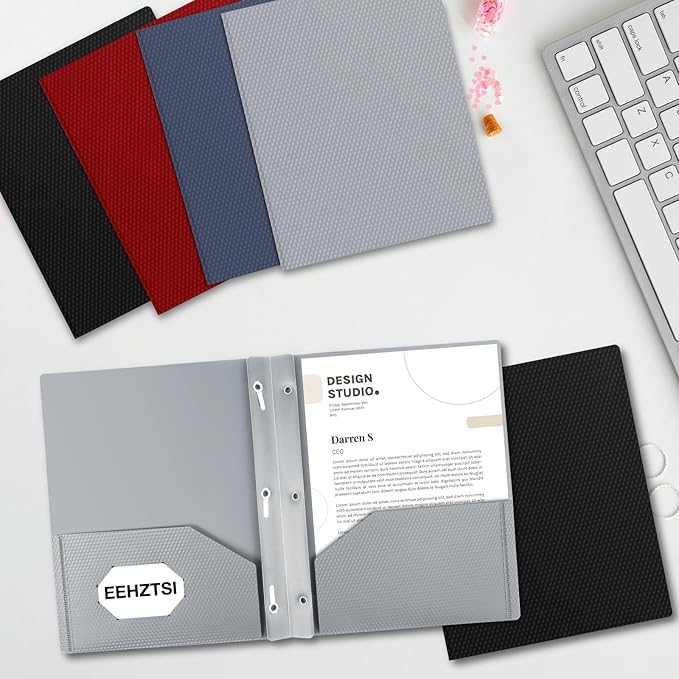 12-Pack Plastic Pockets with Prongs, 2-Pocket Folders with 3 Fasteners, Holds 8.5" x 11" Paper, Silvery